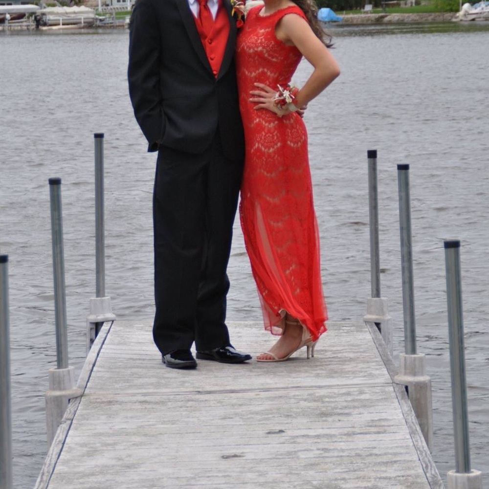Betsy & Adam Red Lace Dress Size 4 - Picture 2 of 6
